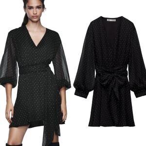 Zara Mini Dress Tie Waist Belt Vneck Rhinestone Embellished Silver Black NEW XS